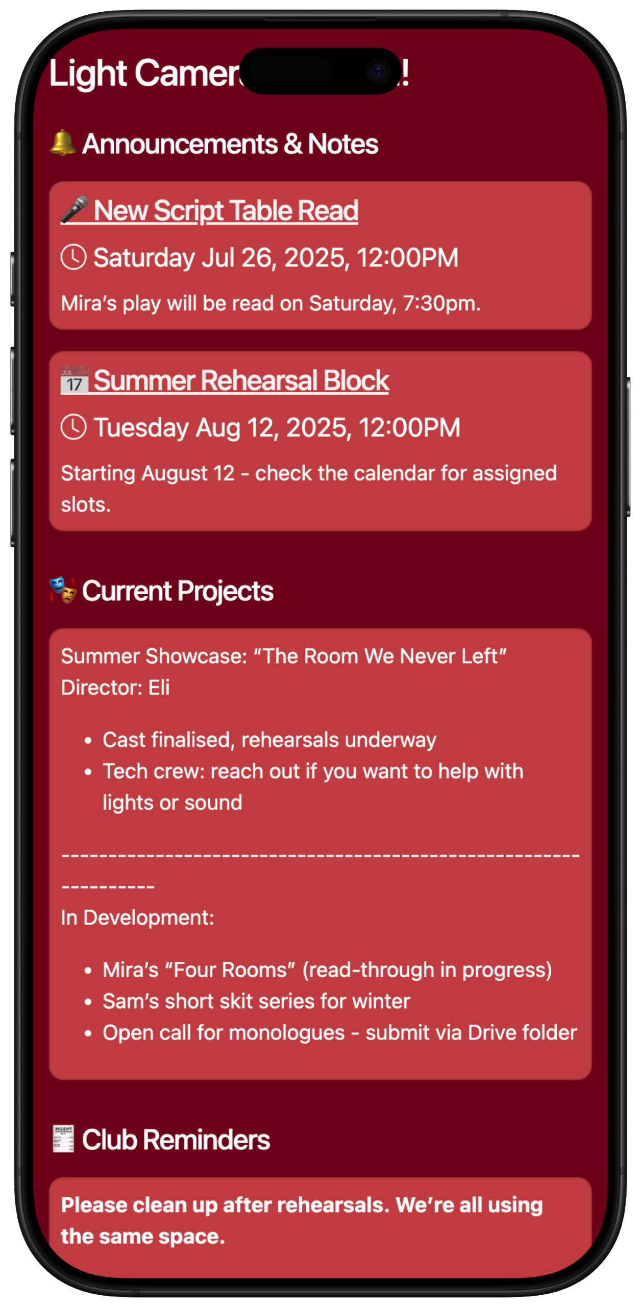 mobile screenshot theatre school noticeboard