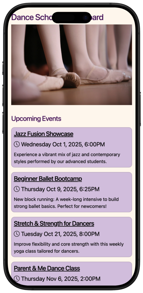 dance school noticeboard mobile screenshot